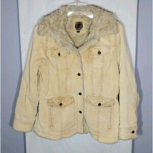 Giacca Vintage Corduroy Sherpa Jacket Womens L Tan 90's/Y2K Quilted Lining Boho